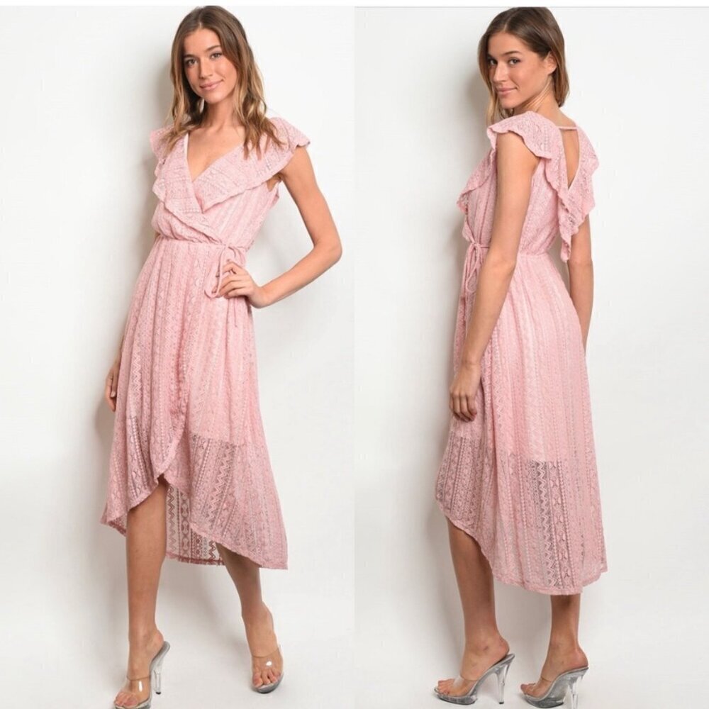 Aqua Pink Lace Hi Low Faux Wrap Dress, Size Small